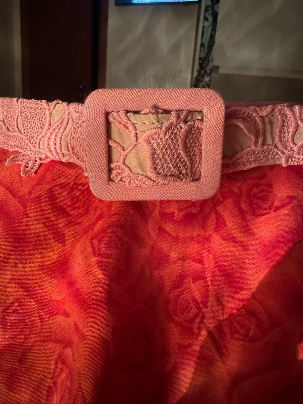Pink Buckle Floral Dress Detail - Coral and Blush Oscar de Laurenta